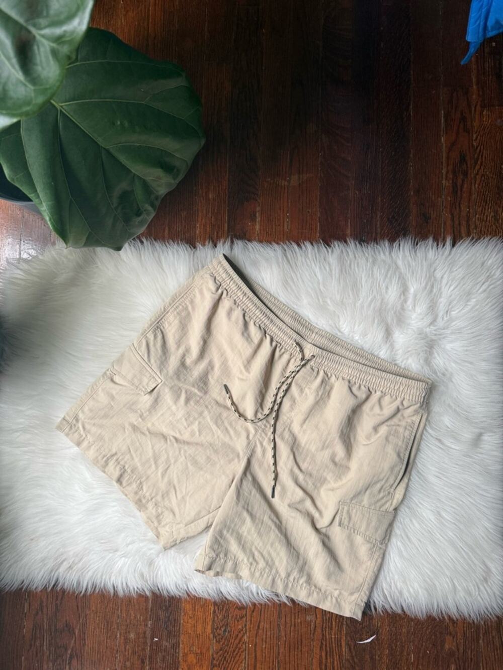 Men’s Hybrid Shorts Swim Athletic Quick Dry Elastic Waist Drawstring Tan Large